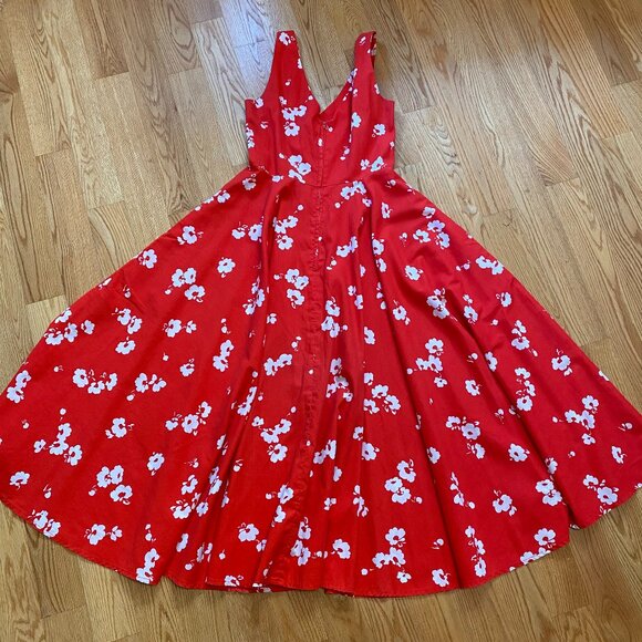 Vintage handmade red & white floral midi circle skirt sleeveless dress pockets - Picture 3 of 12